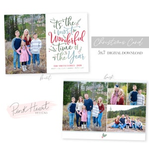 May include: A Christmas card template with a family photo on the back and a festive message on the front. The front of the card features a red and white handwritten message that says "It's the most Wonderful time of the Year." The back of the card features a collage of family photos.