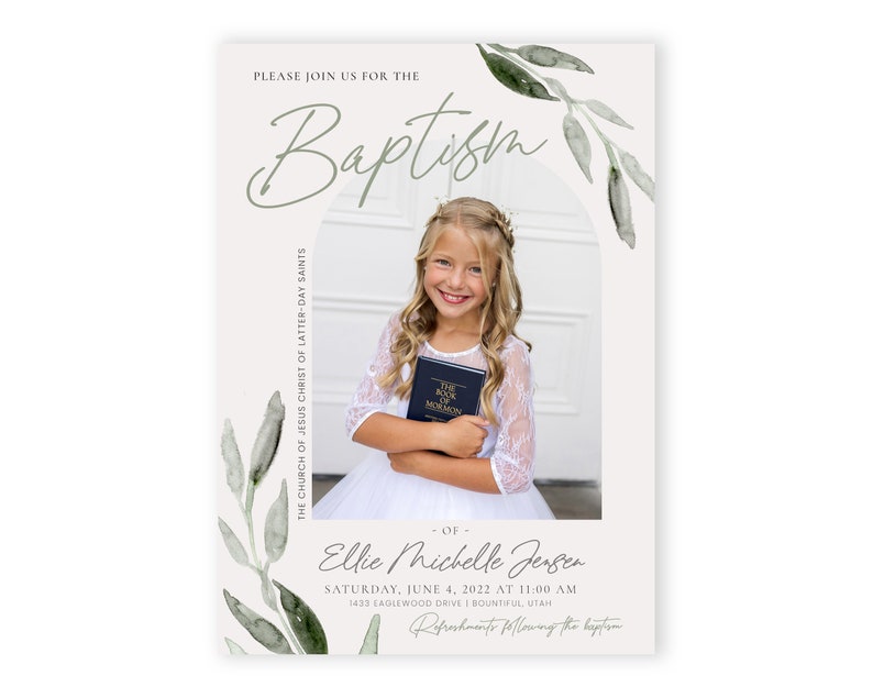 Customizable LDS Baptism Invitation for Girls Olive Leaf Design Corjl Template for Baptism Announcements image 5