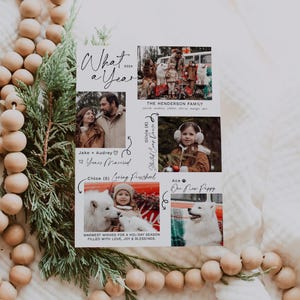 Pu&ograve; includere: Un biglietto di Natale con un ritratto di famiglia su sfondo bianco. Il biglietto include foto dei membri della famiglia e del loro cane, insieme ai loro nomi ed et&agrave;. Il testo "What a Year 2024" &egrave; in cima al biglietto. Il biglietto include anche il testo "Auguri pi&ugrave; cari per una stagione festiva piena di amore, gioia e benedizioni."