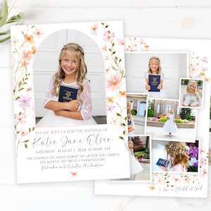 Puede incluir: Una invitaci&oacute;n de bautismo con un borde floral y una foto de una ni&ntilde;a sosteniendo un libro. El texto dice "Por favor, &uacute;nase a nosotros para el bautismo de Katie Jane Olsen, S&aacute;bado, 1 de agosto de 2024 a las 10:00 AM, La Iglesia de Jesucristo de los Santos de los &Uacute;ltimos D&iacute;as, 125 North 100 West | Farmington, Refrescos despu&eacute;s del bautismo, Soy un hijo de Dios."