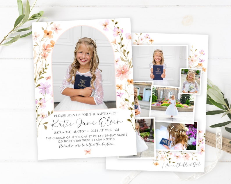 Puede incluir: Una invitaci&oacute;n de bautismo con un borde floral y una foto de una ni&ntilde;a sosteniendo un libro. El texto dice "Por favor, &uacute;nase a nosotros para el bautismo de Katie Jane Olsen, S&aacute;bado, 1 de agosto de 2024 a las 10:00 AM, La Iglesia de Jesucristo de los Santos de los &Uacute;ltimos D&iacute;as, 125 North 100 West | Farmington, Refrescos despu&eacute;s del bautismo, Soy un hijo de Dios."