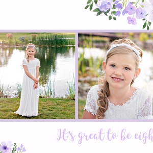 K&ouml;nnte beinhalten: Ein junges M&auml;dchen in einem wei&szlig;en Kleid l&auml;chelt in die Kamera. Sie steht vor einem Teich mit gr&uuml;nem Gras und Schilf. Der Text "It's great to be eight!" steht unter dem Bild.