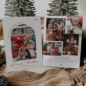 May include: A Christmas card with a photo of a family in front of a vintage van. The card has a white background with a brown arch and the text "The Holbrook Family 2024" at the top. The text "Merry Christmas" is written in cursive below the photo. The names "james, allison, harper, hazel" are listed below the greeting. The card also includes the text "Warmest wishes for a wonderful holiday season filled with peace, joy & love. The Holbrook Family" with a heart symbol.