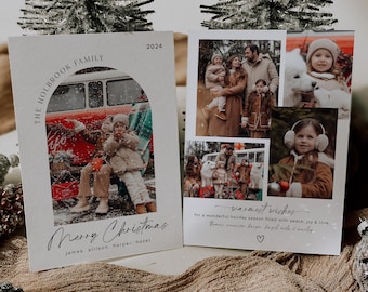 Boho Christmas Family Photo Card Template - Printable Holiday Greeting with Window Arch - Digital Download
