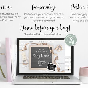 May include: A laptop screen displaying a digital announcement design template for a baby shower. The design features a chalkboard with the text "We're Expecting Baby Parker arriving January 2022". The design also includes a small photo of an ultrasound image. The laptop is on a white surface with a pink mug and a vase with a white flower.