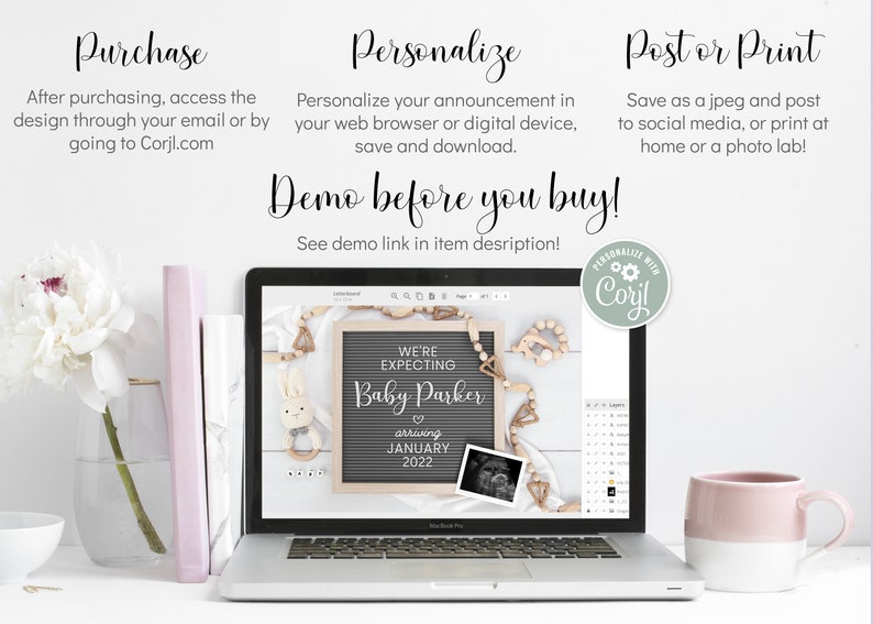 May include: A laptop screen displaying a digital announcement design template for a baby shower. The design features a chalkboard with the text "We're Expecting Baby Parker arriving January 2022". The design also includes a small photo of an ultrasound image. The laptop is on a white surface with a pink mug and a vase with a white flower.