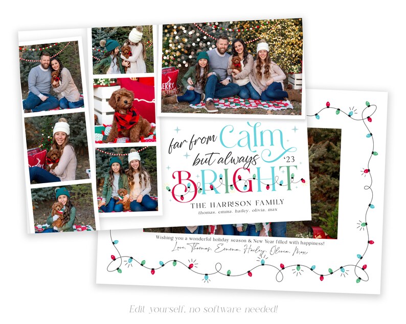May include: A Christmas card featuring a photo collage of a family and their dog. The card has a festive design with a string of lights and the text "far from calm but always bright" with the year 2023. The text "The Harrison Family" is below the lights and the names of the family members are listed below that.