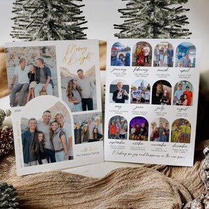 May include: A Christmas card with a collage of family photos from throughout the year. The card features a gold inscription that reads "Merry & Bright" and "The Preston Family". The card also includes a calendar of monthly photos with captions describing the family's activities.