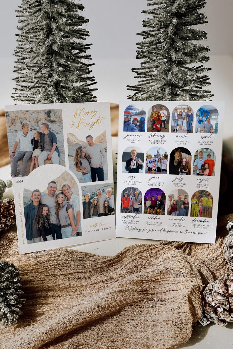 May include: A Christmas card with a collage of family photos from throughout the year. The card features a gold inscription that reads "Merry & Bright" and "The Preston Family". The card also includes a calendar of monthly photos with captions describing the family's activities.