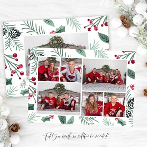 May include: A Christmas card featuring a collage of photos of a family in matching red and white pajamas. The photos are surrounded by a green and red holiday border with holly and berries.