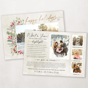 May include: A Christmas card with a watercolor wreath and a family photo. The card includes the text "happy holidays 21" and "What a Year! The Williams Family 2024 highlights".