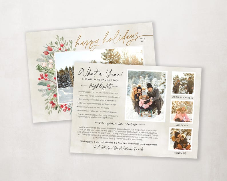 May include: A Christmas card with a watercolor wreath and a family photo. The card includes the text "happy holidays 21" and "What a Year! The Williams Family 2024 highlights".