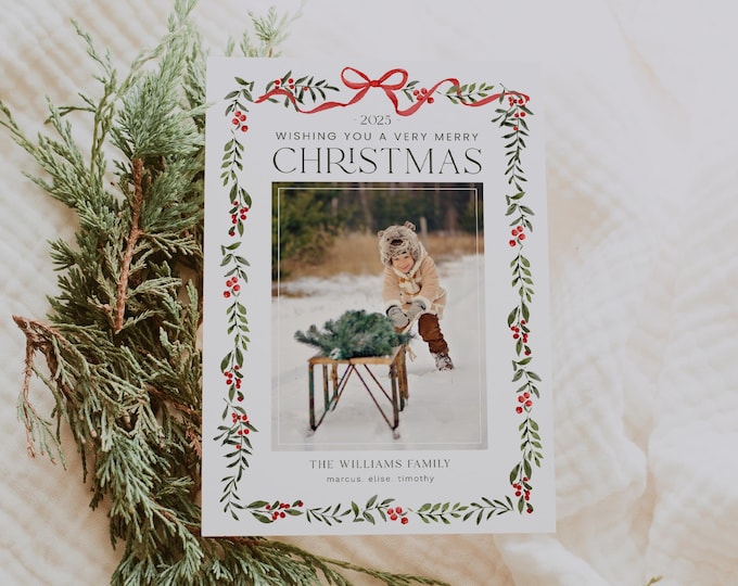 Christmas Photo Card Template: Editable Bow Design (Digital Download)