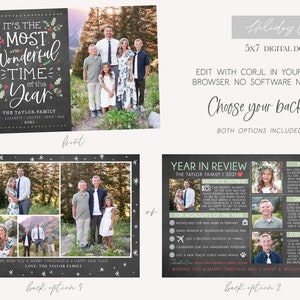 May include: A digital download for a 5x7 holiday card featuring a chalkboard background with a family photo and the text "It's the Most Wonderful Time of the Year." The card includes two back options, one with a family photo collage and the other with a year in review section.