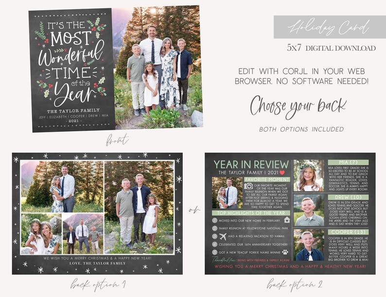 May include: A digital download for a 5x7 holiday card featuring a chalkboard background with a family photo and the text "It's the Most Wonderful Time of the Year." The card includes two back options, one with a family photo collage and the other with a year in review section.