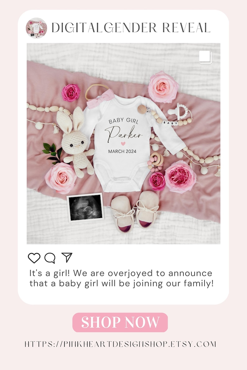 May include: A white onesie with the text "BABY GIRL Parker MARCH 2024" and a pink heart. The onesie is surrounded by pink roses, a crocheted bunny, and a wooden baby rattle.