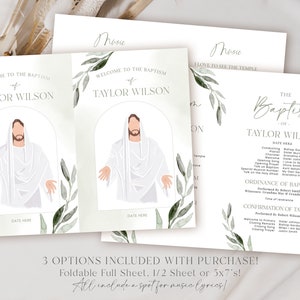 May include: Baptism invitation suite featuring a watercolor illustration of a figure in white robes. The invitation includes the text "Welcome to the Baptism of Taylor Wilson" and details for the ceremony. The suite includes options for full sheet, half sheet, or 5x7's.