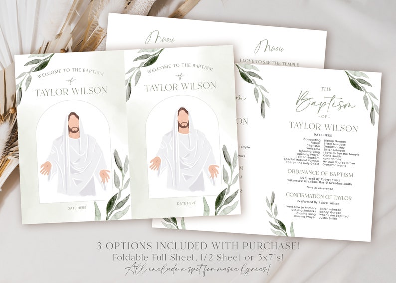 May include: Baptism invitation suite featuring a watercolor illustration of a figure in white robes. The invitation includes the text "Welcome to the Baptism of Taylor Wilson" and details for the ceremony. The suite includes options for full sheet, half sheet, or 5x7's.