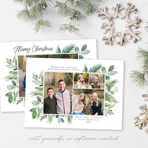 May include: A Christmas card template with a watercolor border of green leaves and pine branches. The card has a collage of family photos and the text "Merry Christmas" and "We wish you a joyous & wonderful holiday season!"  The card also includes the names "Adam, Jane, Veronica, Peter, Mark, Lily" and the year "2021".
