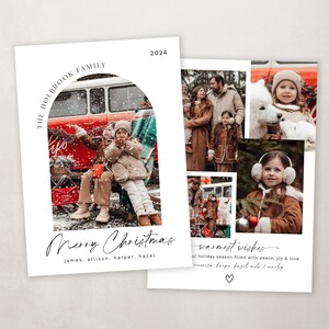 May include: A Christmas card featuring a collage of family photos. The main photo shows two children in a red van with snow falling. Other photos show the family in winter clothing, a white dog, and a girl wearing earmuffs. The card includes the text "The Holbrook Family" and "Merry Christmas" with the names "James, Allison, Harper, Hazel". The card also includes the text "Warmest wishes" and a heart.