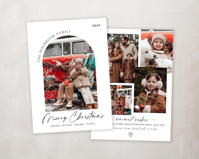 May include: A Christmas card featuring a collage of family photos. The main photo shows two children in a red van with snow falling. Other photos show the family in winter clothing, a white dog, and a girl wearing earmuffs. The card includes the text "The Holbrook Family" and "Merry Christmas" with the names "James, Allison, Harper, Hazel". The card also includes the text "Warmest wishes" and a heart.