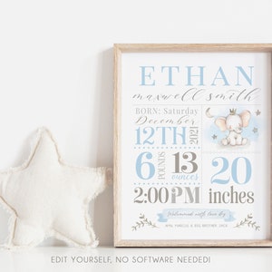 Boy Baby Stats Sign | Nursery Stats Wall Art | Birth Elephant Print | Nursery Decor | Newborn Printable Personalized Baby Gift | Corjl