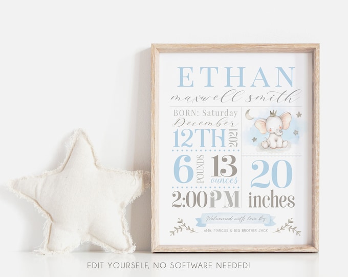 Boy Baby Stats Sign | Nursery Stats Wall Art | Birth Elephant Print | Nursery Decor | Newborn Printable Personalized Baby Gift | Corjl