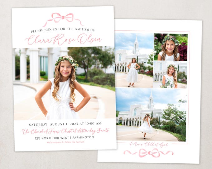 LDS Baptism Invitation for Girls - Watercolor Bow Baptism Invite - Customizable Template - Edit with Corjl - Instant Download