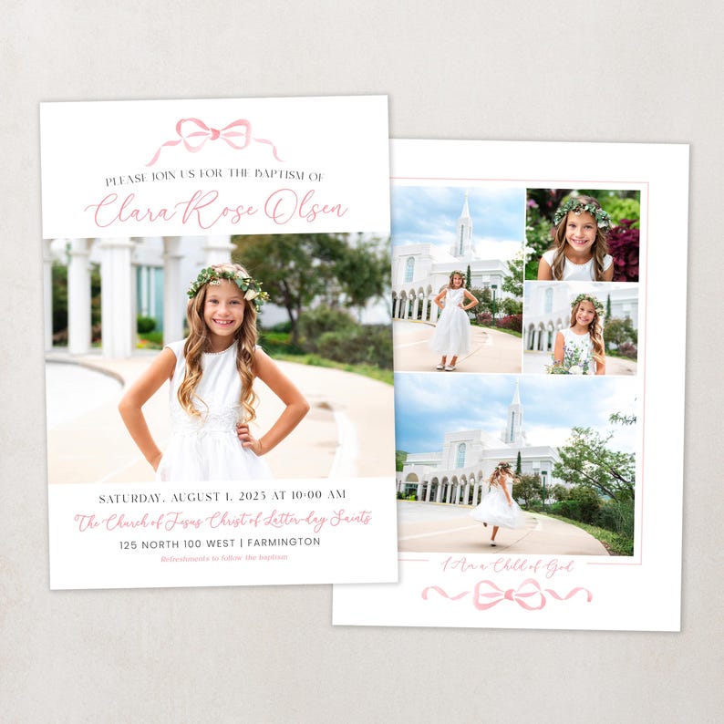 May include: Invitation to a baptism ceremony for Clara Rose Olsen, featuring a photo of the child in a white dress and flower crown. The ceremony will be held at The Church of Jesus Christ of Latter-day Saints in Farmington, Utah on August 1, 2025 at 10:00 AM.