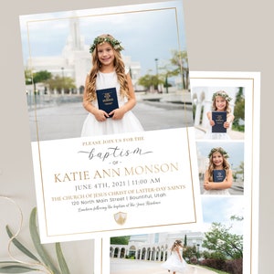 K&ouml;nnte beinhalten: Taufkarten-Design mit einem Foto eines M&auml;dchens in einem wei&szlig;en Kleid, das ein Buch h&auml;lt. Die Einladung enth&auml;lt den Text "Shop Baptism Invitations" und Details zur Taufe von Katie Ann Monson am 4. Juni 2021 um 11:00 Uhr.