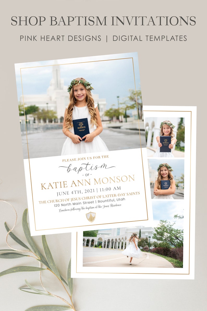 K&ouml;nnte beinhalten: Taufkarten-Design mit einem Foto eines M&auml;dchens in einem wei&szlig;en Kleid, das ein Buch h&auml;lt. Die Einladung enth&auml;lt den Text "Shop Baptism Invitations" und Details zur Taufe von Katie Ann Monson am 4. Juni 2021 um 11:00 Uhr.