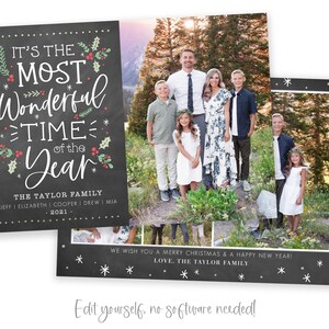 May include: A Christmas card featuring a family portrait with a chalkboard background. The text on the chalkboard reads "It's the most wonderful time of the year." The family is standing in front of a snowy forest. The card also includes the text "The Taylor Family" and "We wish you a Merry Christmas & a Happy New Year! Love, The Taylor Family."