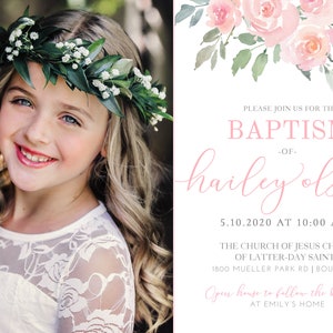 May include: A baptism invitation with a watercolor floral design in pink and green. The invitation includes the name "harley olson" in pink script and the date "5.10.2020" and time "10:00 AM". The invitation also includes the location of the baptism, "THE CHURCH OF JESUS CHRIST OF LATTER-DAY SAINTS" and the address "1800 MUELLER PARK RD | BOUNTIFUL". The invitation also includes the text "Open house to follow the baptism at Emily's home".