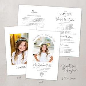 May include: Baptism program featuring a young girl's photo, with text including "Welcome to the Baptism of Lila Madeline Carter." The program includes details about the ceremony, such as music and speakers.