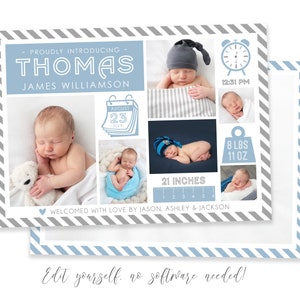 Baby Boy Birth Announcement Template - Stats Newborn Announcement - Boy Birth Announcement - Photo Birth Card - DIY Template - Corjl