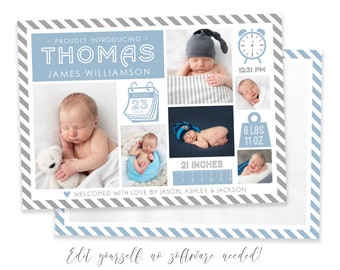 Baby Boy Birth Announcement Template - Stats Newborn Announcement - Boy Birth Announcement - Photo Birth Card - DIY Template - Corjl