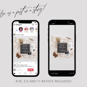 Puede incluir: Dos smartphones que muestran un dise&ntilde;o de anuncio de beb&eacute;. El anuncio incluye el texto "We Can't Wait to Meet You" y "September 2023". La imagen tambi&eacute;n incluye zapatos de beb&eacute;, un body y elementos decorativos. El texto "Use as a post or a story!" est&aacute; en la parte superior.