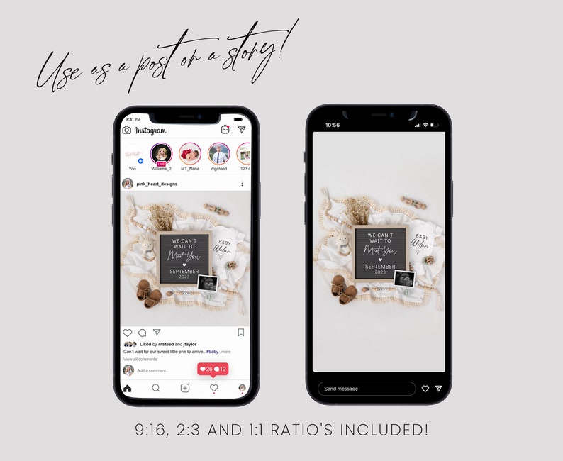 Puede incluir: Dos smartphones que muestran un dise&ntilde;o de anuncio de beb&eacute;. El anuncio incluye el texto "We Can't Wait to Meet You" y "September 2023". La imagen tambi&eacute;n incluye zapatos de beb&eacute;, un body y elementos decorativos. El texto "Use as a post or a story!" est&aacute; en la parte superior.