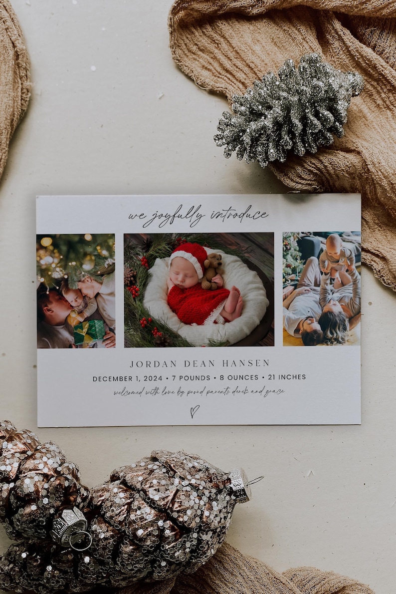 May include: A Christmas-themed birth announcement card with three photos. The top photo shows a newborn baby in a red Santa hat and a white blanket. The middle photo shows the baby's parents holding the baby. The bottom photo shows the baby's older sibling holding the baby. The card includes the baby's name, birth date, weight, length, and the text "we joyfully introduce".