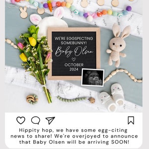 K&ouml;nnte beinhalten: Eine Schwangerschaftsanzeige mit einem Schild aus Schiefertafel, auf dem steht "We're eggspecting somebunny! Baby Olsen October 2024". Das Schild ist umgeben von einer Girlande aus bunten Filzkugeln, Holzhasenohren, einem Blumenstrau&szlig;, einem geh&auml;kelten Hasen, einem Ultraschallbild eines Babys und einem Paar wei&szlig;er Babyschuhe.