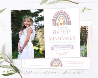 Rainbow Baptism Invitation Girl: LDS Announcement, Editable Template