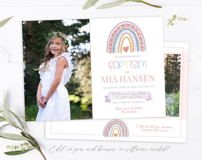 Rainbow LDS Baptism Invitation | Baptism Invitation Girl | Rainbow Baptism Invite | LDS Announcement | Baptism Invitations Girl | Corjl