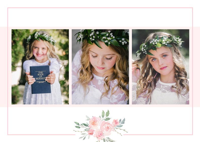 May include: A young girl wearing a white dress and a flower crown holds a book titled "The Book of Mormon".