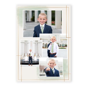 May include: A collage of four photographs of a young boy wearing a suit and tie, standing in front of a white building with columns. The photographs are arranged in a grid pattern, with the boy's face in the centre of each photograph. The photographs are framed with a gold border.