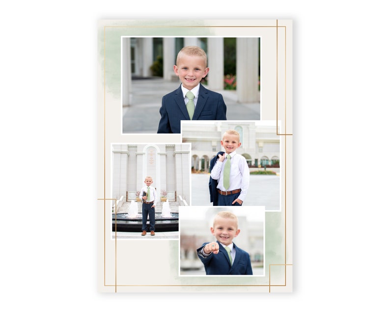 May include: A collage of four photographs of a young boy wearing a suit and tie, standing in front of a white building with columns. The photographs are arranged in a grid pattern, with the boy's face in the centre of each photograph. The photographs are framed with a gold border.