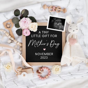 May include: A black letter board with the text "A tiny little gift for Mother's Day November 2023". A pink heart is above the date. The board is surrounded by a white blanket, a pink and white crocheted bunny, a wooden toy camera, a wooden rattle, a wooden ring, and a pink and white flower arrangement.