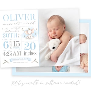 Baby Boy Birth Announcement Template - Newborn Announcement - Boy Birth Announcement - Photo Birth Announcement Card -Blue Elephant - Corjl