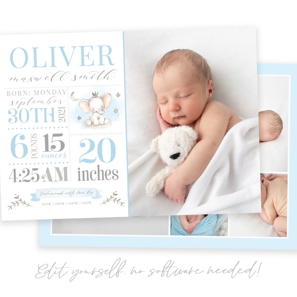 Baby Geburtsanzeige Vorlage - Neugeborene Ankündigung - Junge Geburtsanzeige - Foto Geburtsanzeige Karte - Blauer Elefant - Corjl