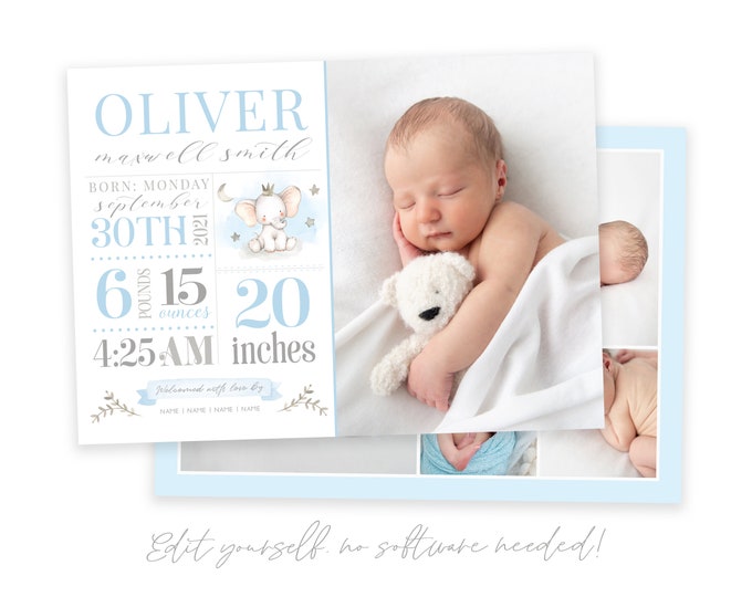 Baby Boy Birth Announcement Template - Newborn Announcement - Boy Birth Announcement - Photo Birth Announcement Card -Blue Elephant - Corjl