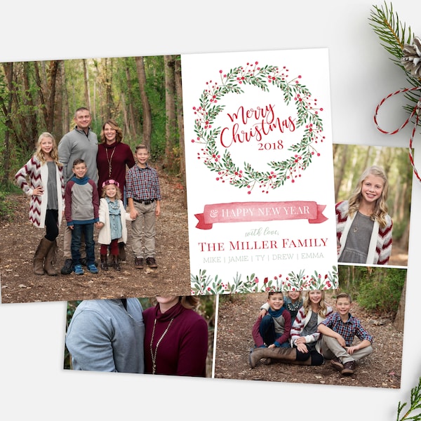 Christmas Card Template - Floral Wreath Watercolor Christmas - Christmas Template for Photoshop - Photographer Template - Digital Design